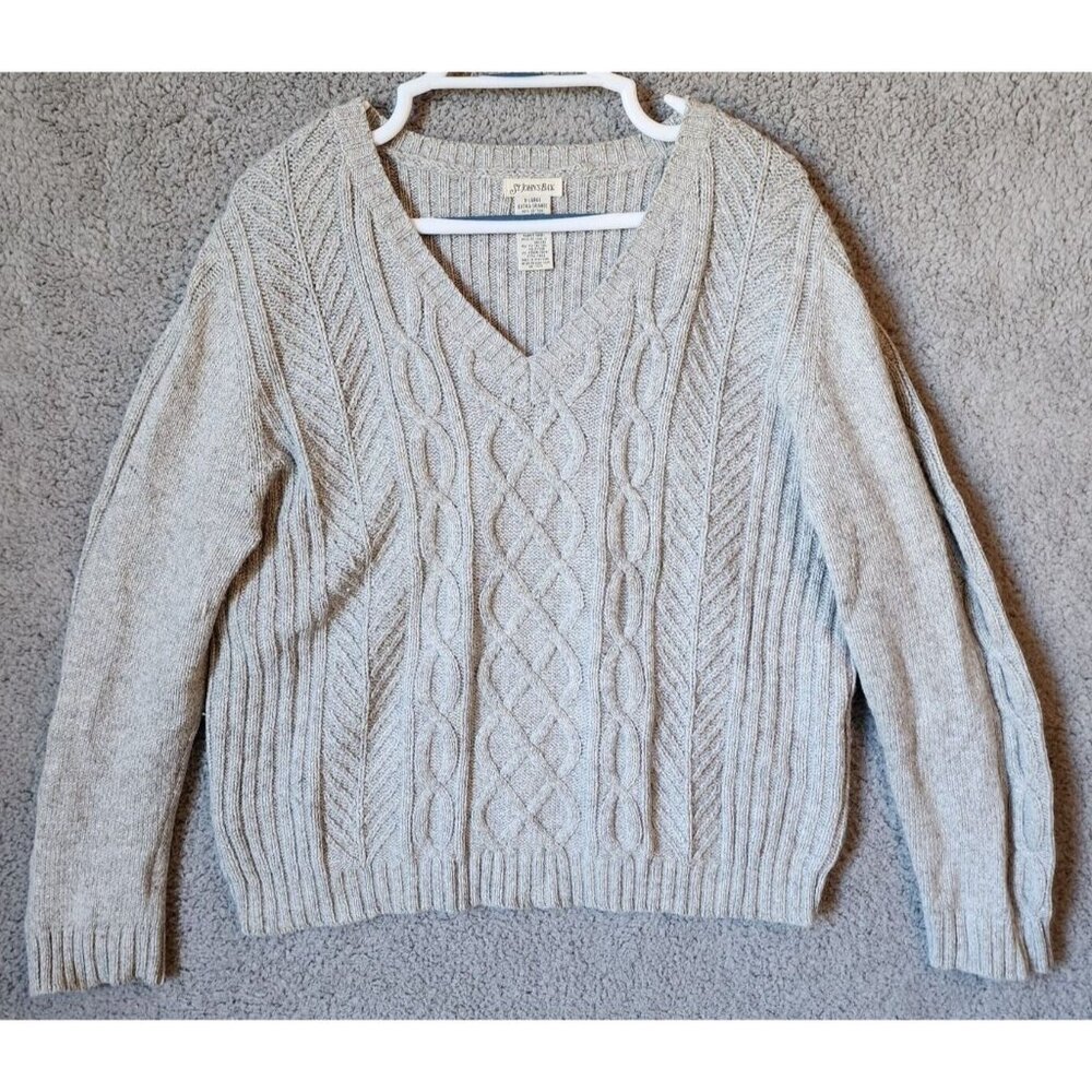 St. Johns Bay Women's V Neck Cable Knit Sweater Metallic Gray Angora Blend Sz XL